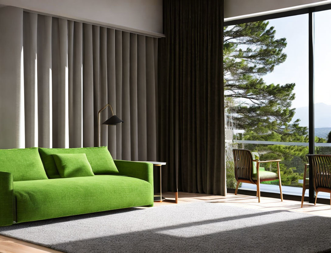 Modern Room with Green Sofa, Floor-to-Ceiling Windows, Gray Rug, and Standing Lamp