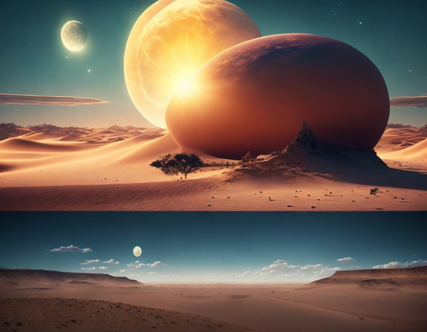 Surreal desert landscape with oversized planets in the sky