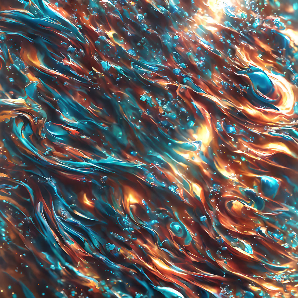 Swirling blue and orange abstract marbled texture in cosmic style