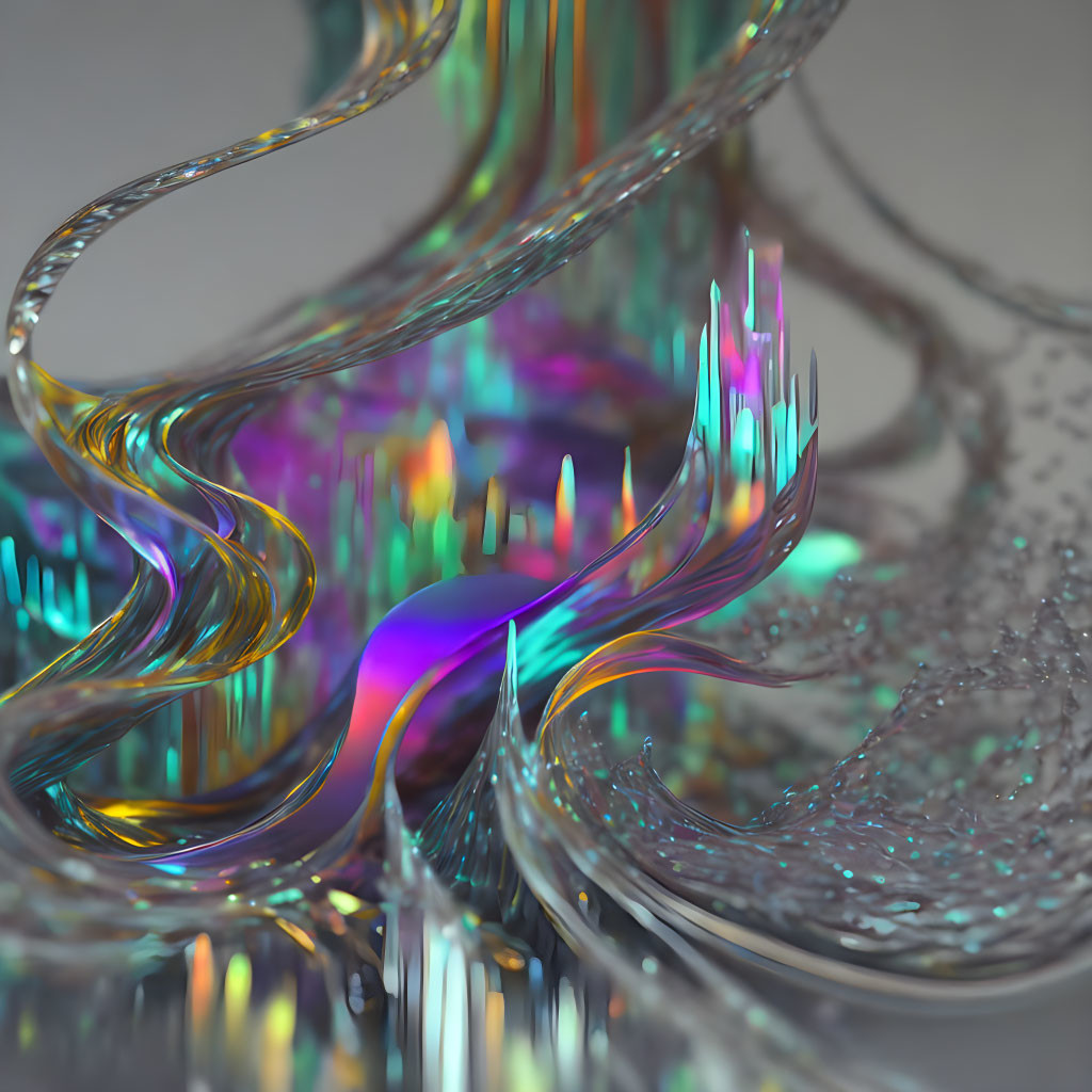 Shimmering 3D fractal: Twisting iridescent strands in pastel colors