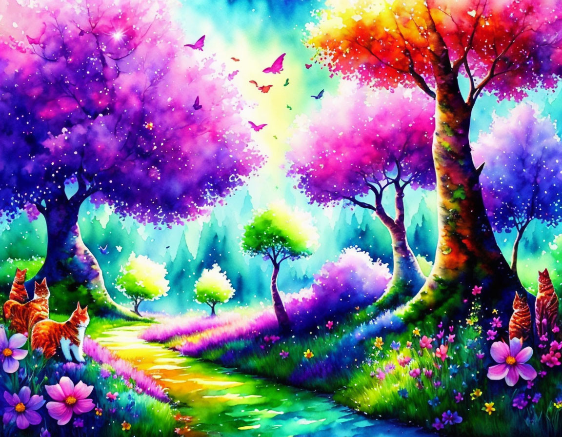 Colorful Fantasy Landscape with Trees, Flowers, Path, Butterflies, and Foxes