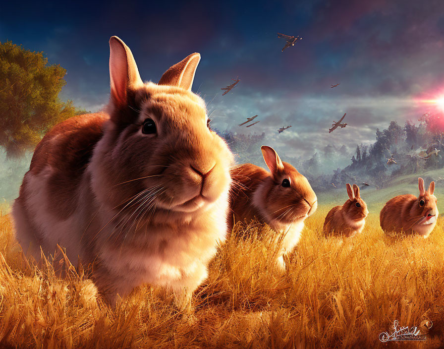 Colorful artwork: oversized rabbits in golden field with dramatic sky.