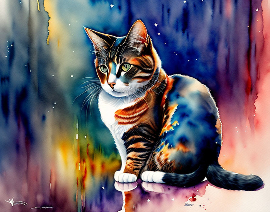 Colorful Watercolor Painting of Tabby Cat Against Abstract Background