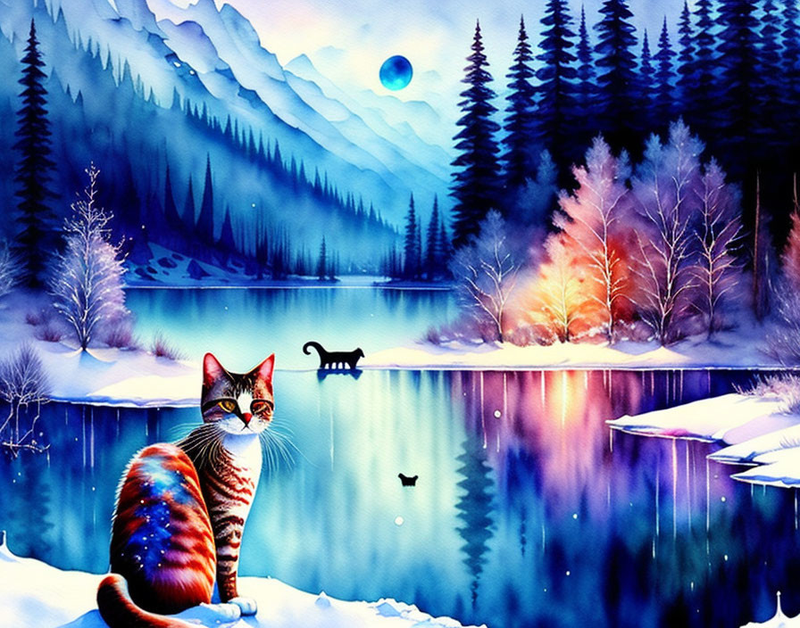 Colorful Watercolor: Cat by Snowy Lakeside with Loch Ness Monster-Like Figure