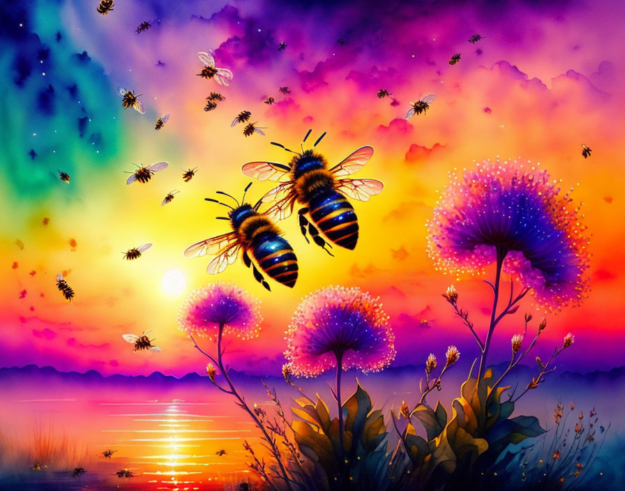 Colorful artwork of bees and flowers in sunset reflection