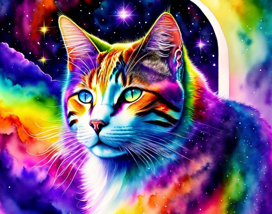 Colorful Cat Artwork with Cosmic Background and Green Eyes