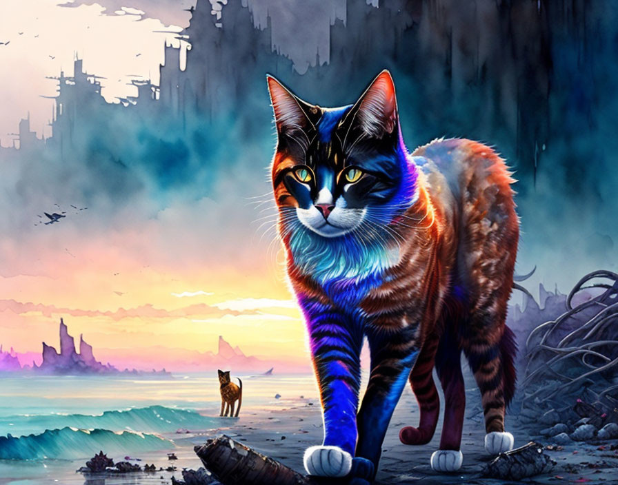 Colorful Cat in Futuristic Cityscape with Sunrise Background