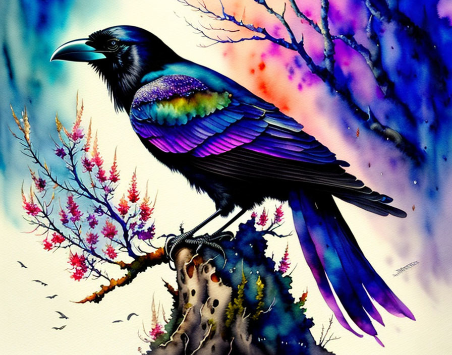 Colorful Raven Painting on Branch with Vibrant Foliage