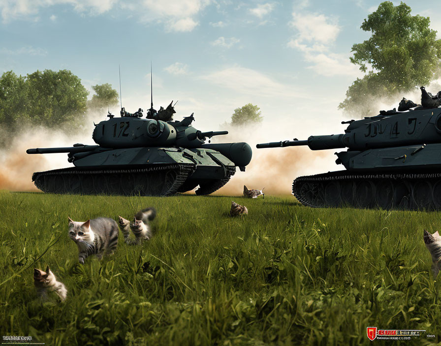 Military tanks in grassy field with cats, sunny day.