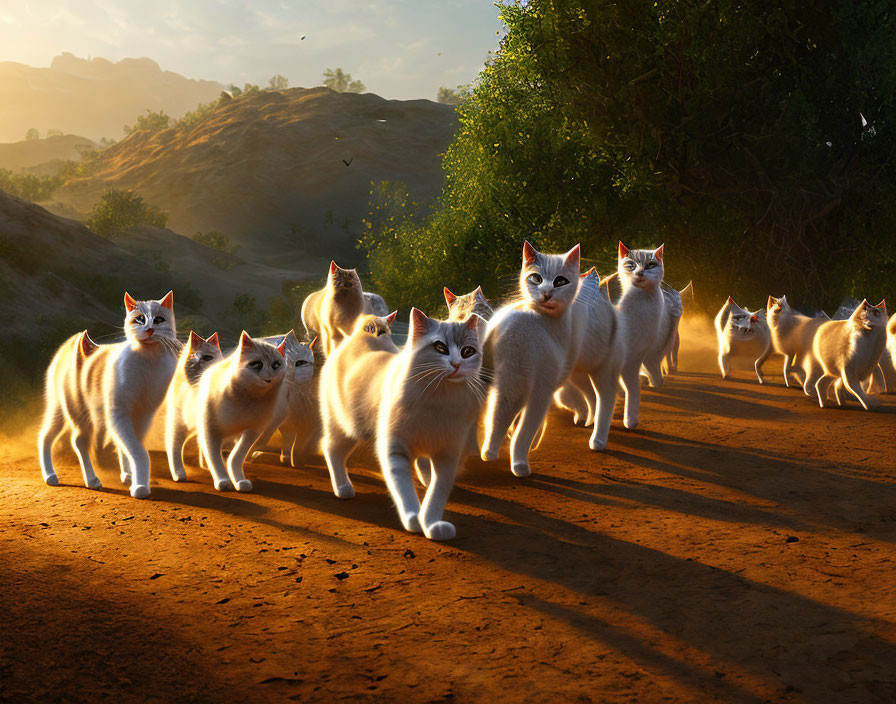 White cats with glowing eyes and butterfly wings walking on dusty path