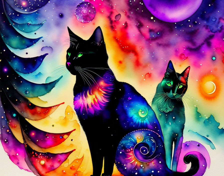 Vibrant cosmic-patterned cats on galaxy-themed background