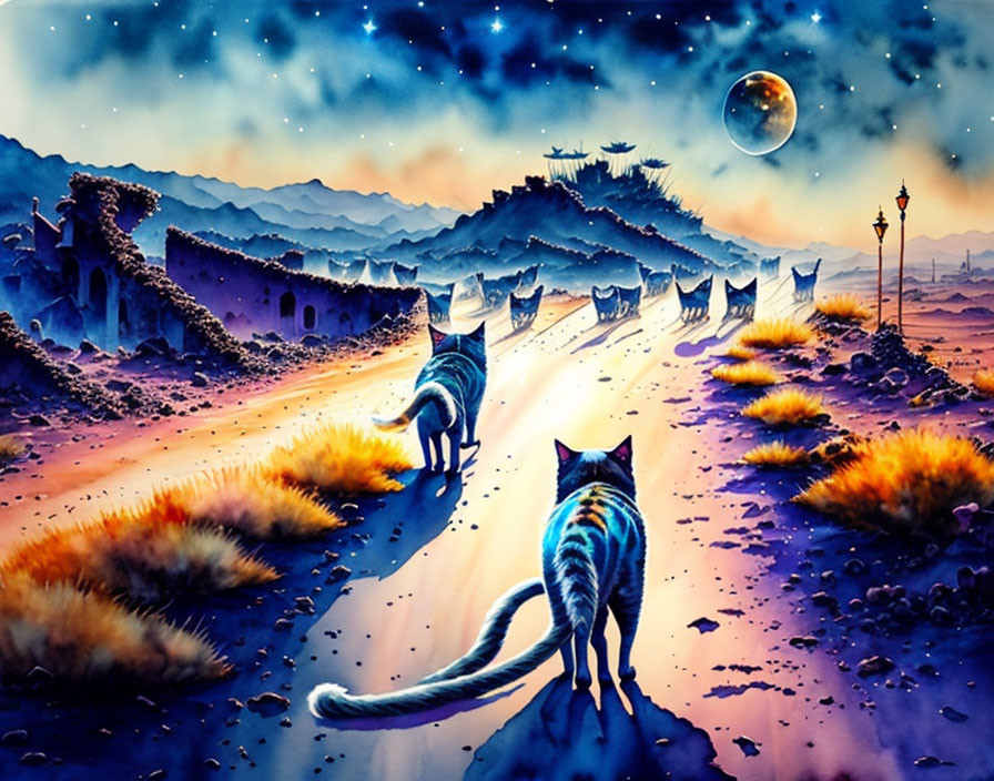 Colorful artwork featuring two cats on mystical path with starry sky, ancient village, and large moon