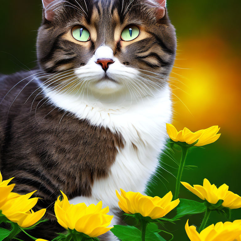 Fluffy white cat with green eyes in yellow flower field