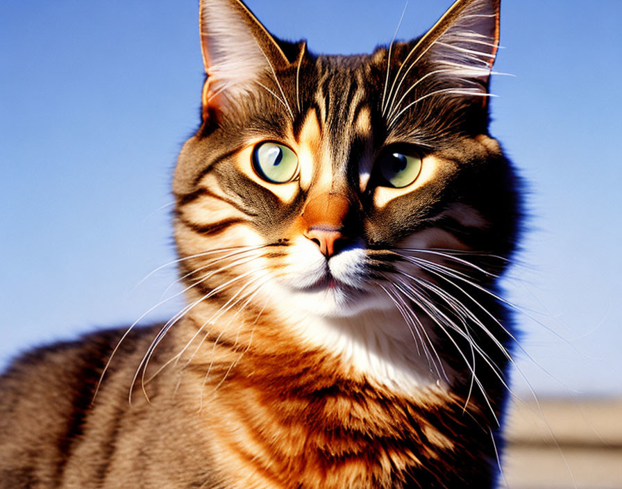 Brown Tabby Cat with Green Eyes and Whiskers on Blue Sky Background