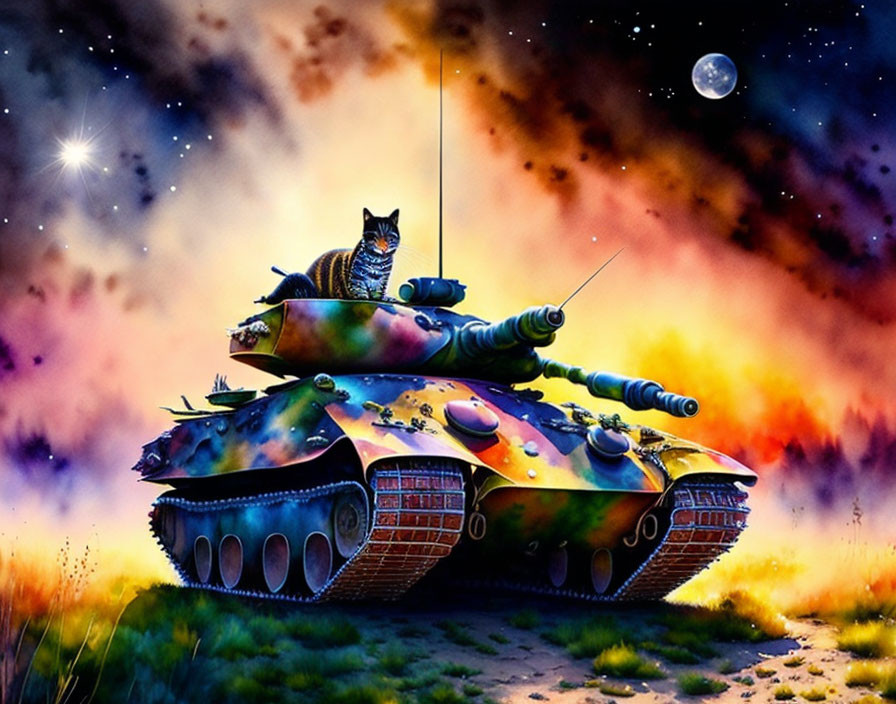 Colorful Cartoonish Tank with Cat on Starry Night Sky