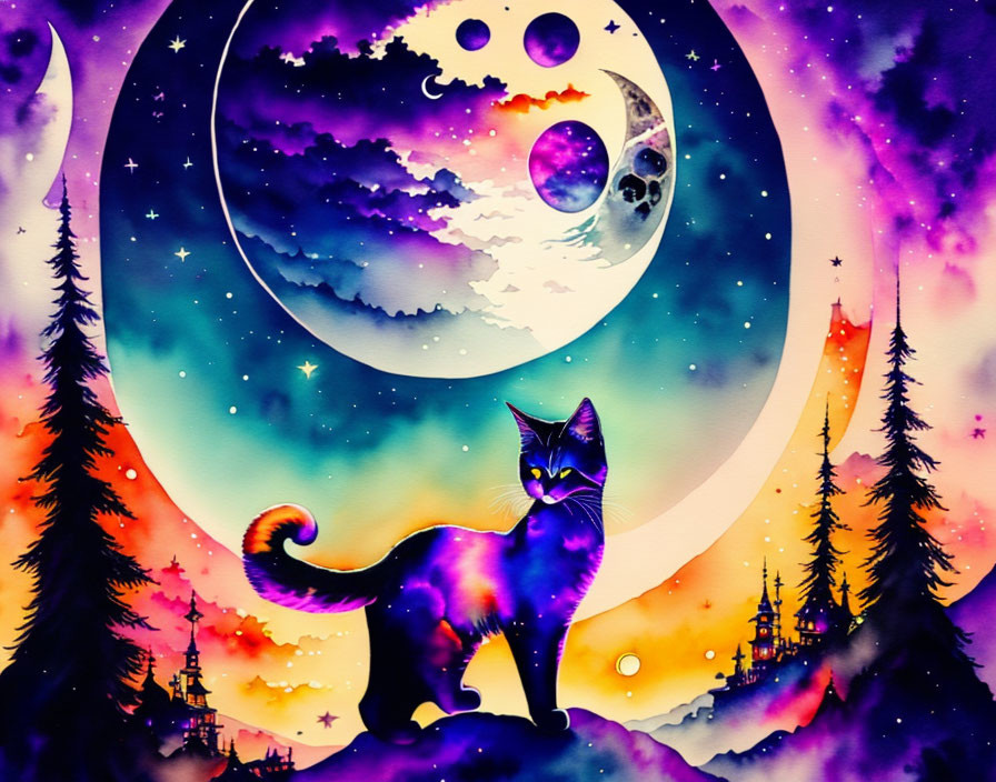 Colorful Cosmic Cat Silhouette in Starry Sky Illustration