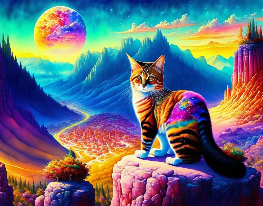 Vibrant surreal landscape with patterned cat overlooking fantasy valley