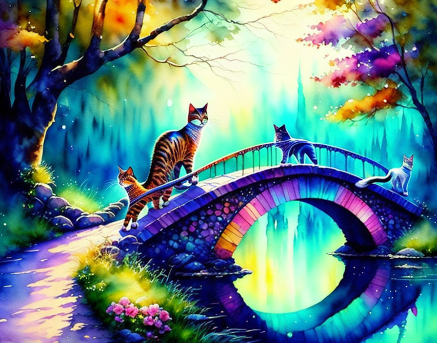 Colorful painting: Three cats on stone bridge over stream with vibrant flora and ethereal light