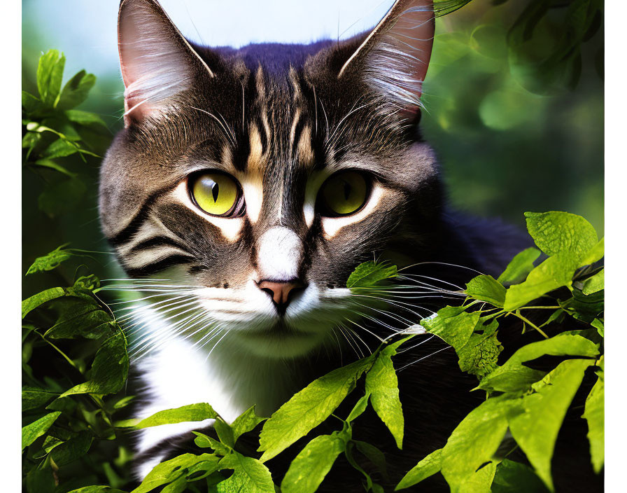 Close-Up of Cat with Striking Yellow Eyes and Black/White Markings Among Green Leaves