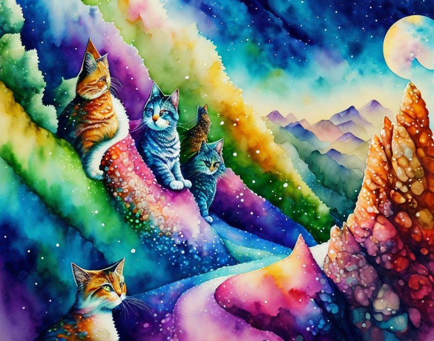 Four colorful cats on vibrant cosmic landscape with starry sky and crescent moon.