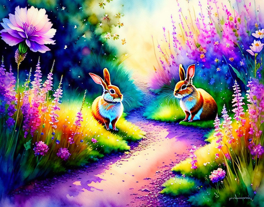 Colorful rabbits on whimsical path amid lush flowers and foliage