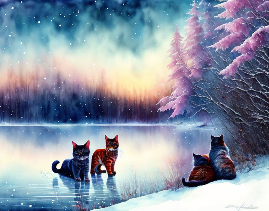 Three cats by frosty lakeside in snowy landscape under twilight sky.