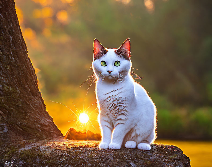 White Cat with Black Markings Silhouetted Against Warm Sunset