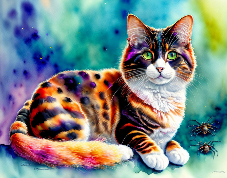 Colorful Cat Painting with Spiders on Watercolor Background