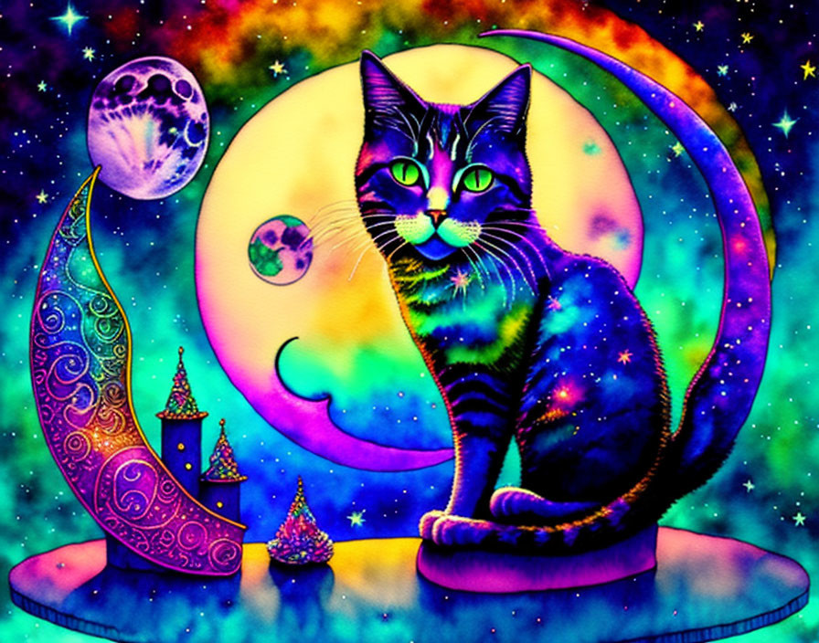 Colorful Cosmic Cat Illustration with Celestial Background