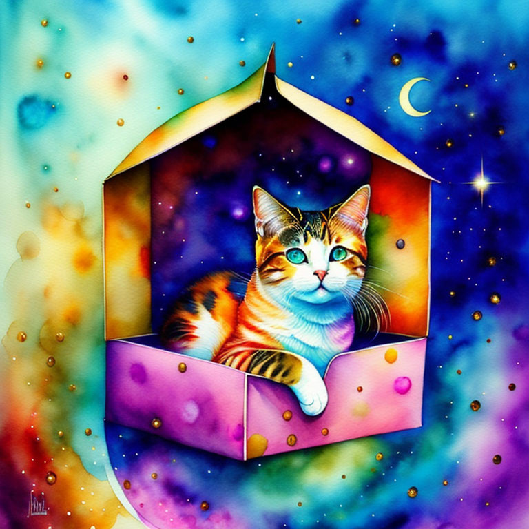 Colorful Calico Cat Artwork in Cosmic Setting