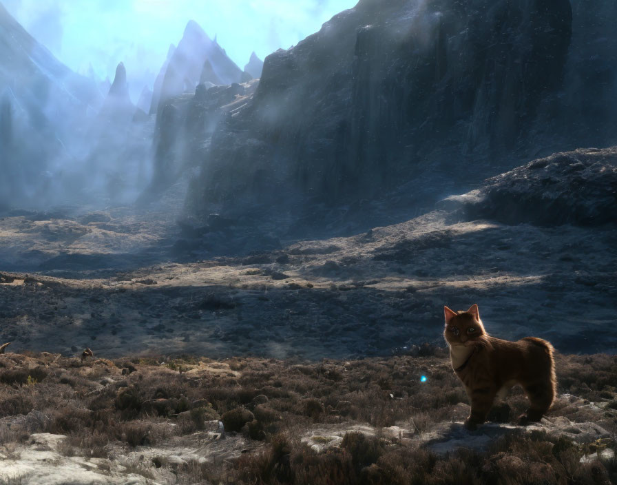 Cat in mystical landscape with rugged mountains and ethereal light.