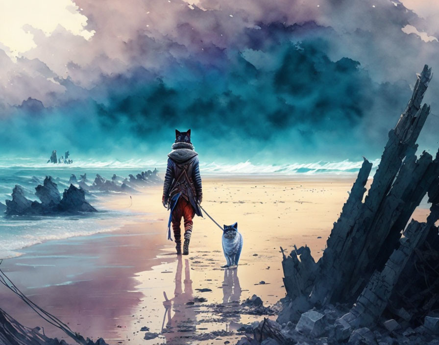 Person with Cat Ears Walking on Beach with Shipwreck and Cat