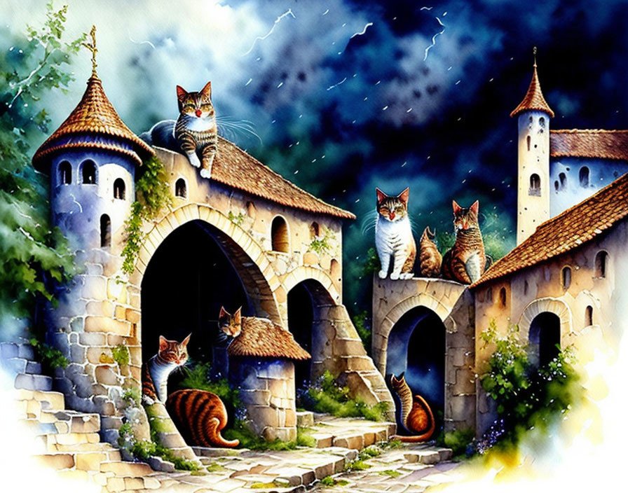 Vibrant cat-themed medieval village painting with starry night sky