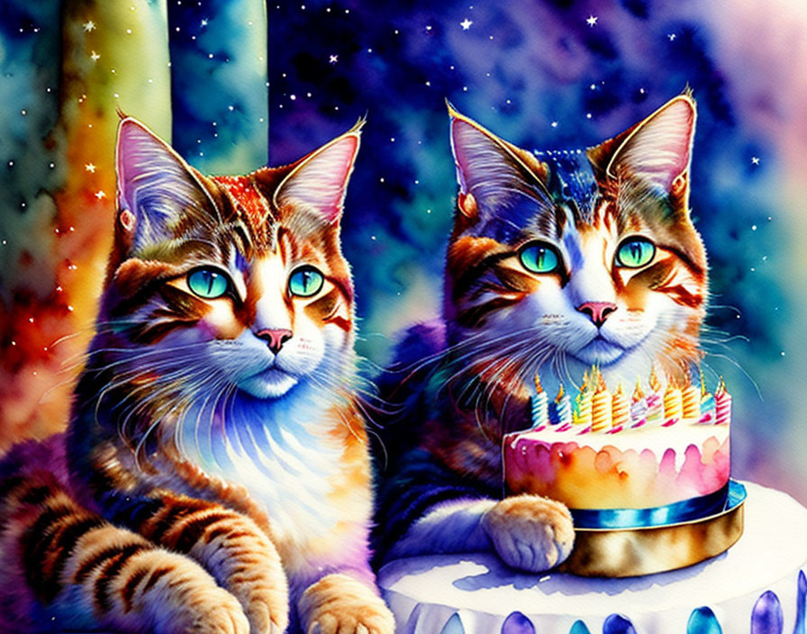 Colorful cats with starry patterns near birthday cake on cosmic background