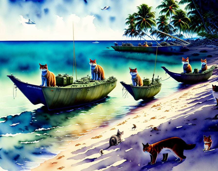 Feline sailors on boats by tropical beach at twilight