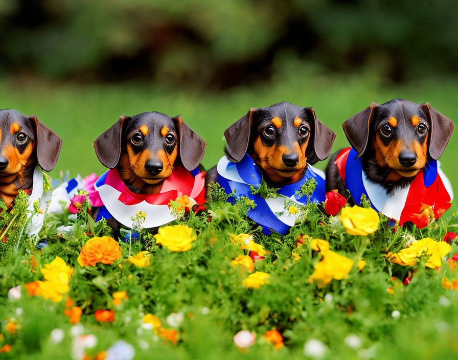 Four Dachshund Puppies in Colorful Bandanas Surrounded by Vibrant Flowers