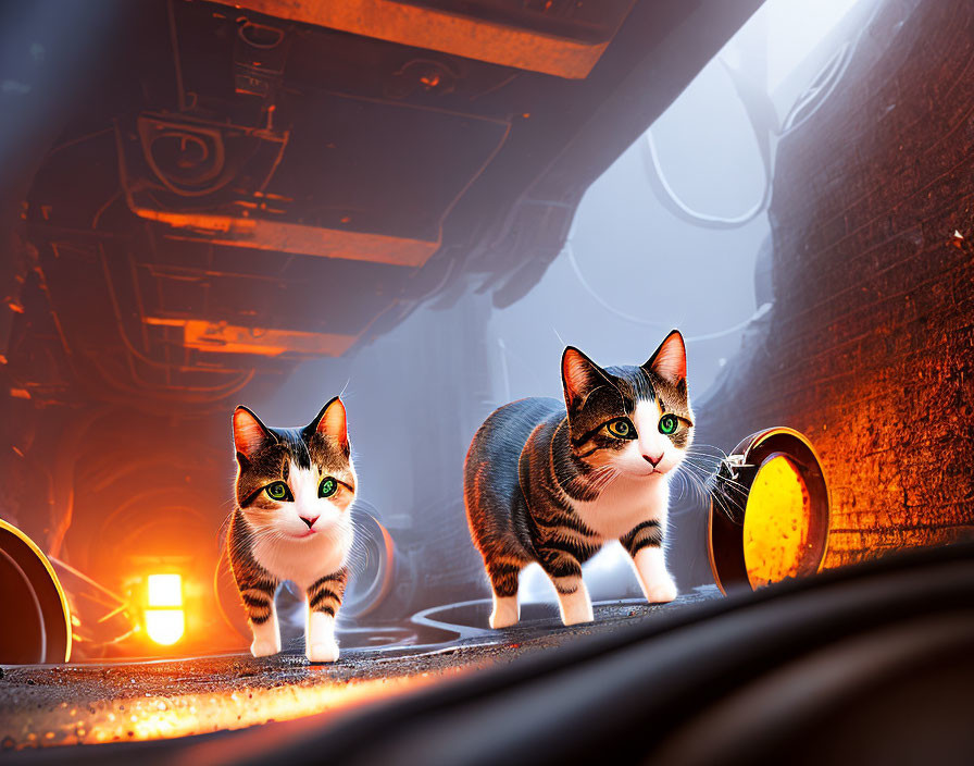 Two cats with large eyes on car dashboard with glowing backdrop