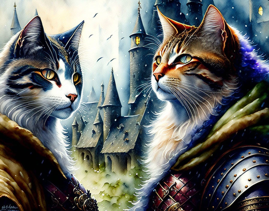 Regal cats in medieval attire before castle backdrop