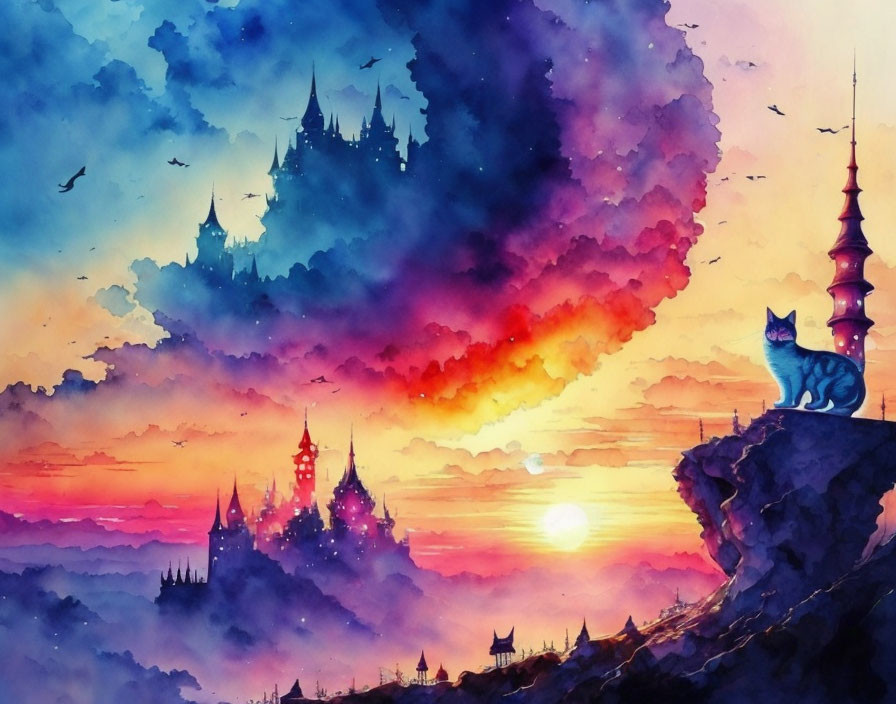 Vibrant watercolor painting: Cat, sunset, castles, birds