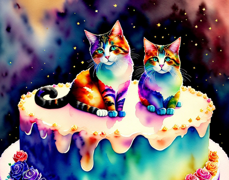 Whimsical cats on vibrant cake in galaxy setting