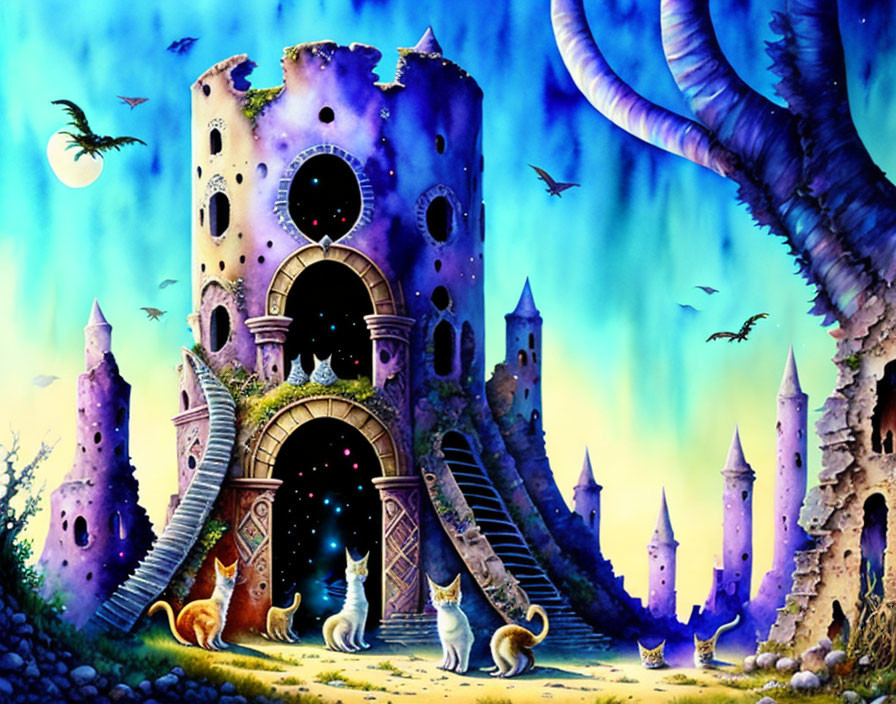 Fantasy illustration of cats at magical castle under twilight sky