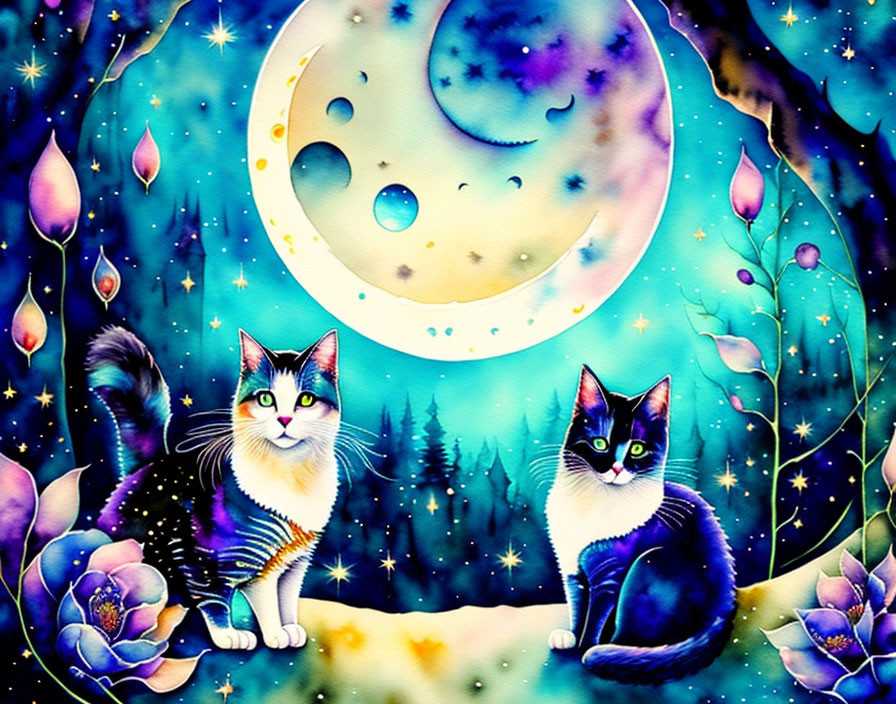 Colorful Stylized Cats Under Large Moon in Whimsical Forest Scene