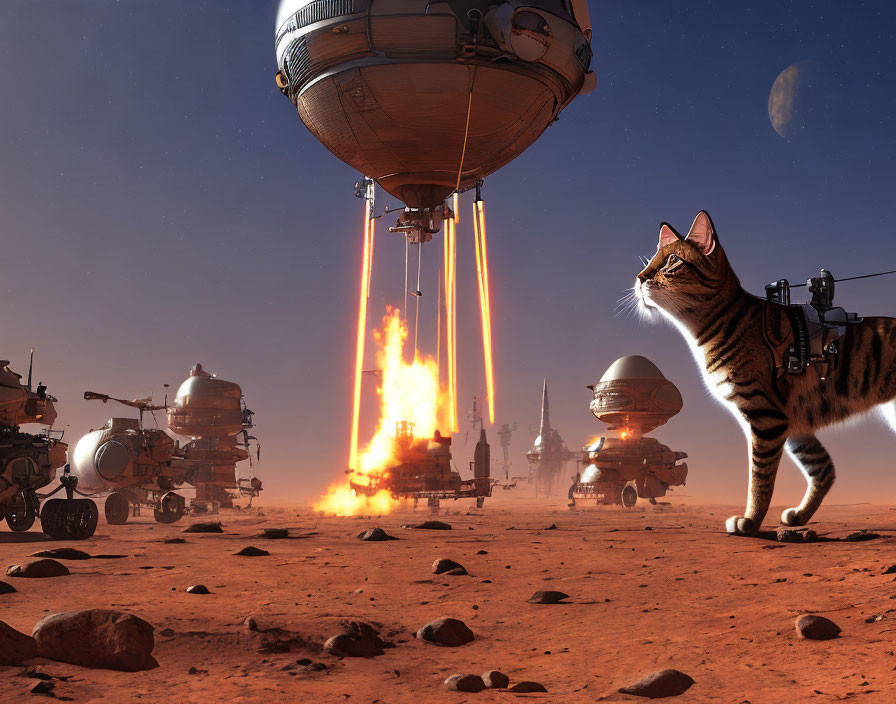 Cat in harness observes fiery spaceship launch on alien planet with futuristic vehicles under red sky.