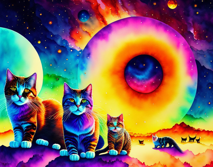 Colorful Artwork: Five Cats with Cosmic Eye and Space Theme