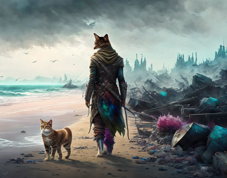 Cat-headed figure in cloak on littered beach with futuristic city wreckage