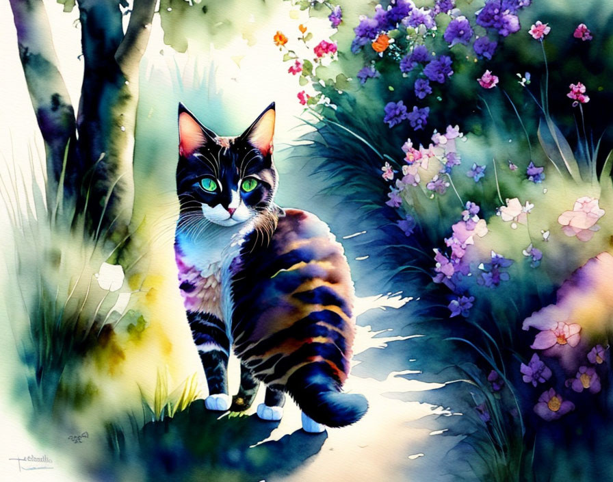 Vibrant Tabby Cat Painting Among Flowers and Greenery