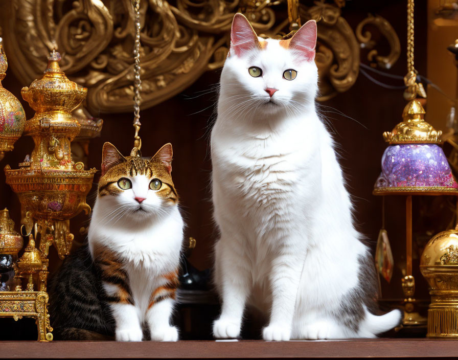 Elegant white and striped cats amidst golden decor.