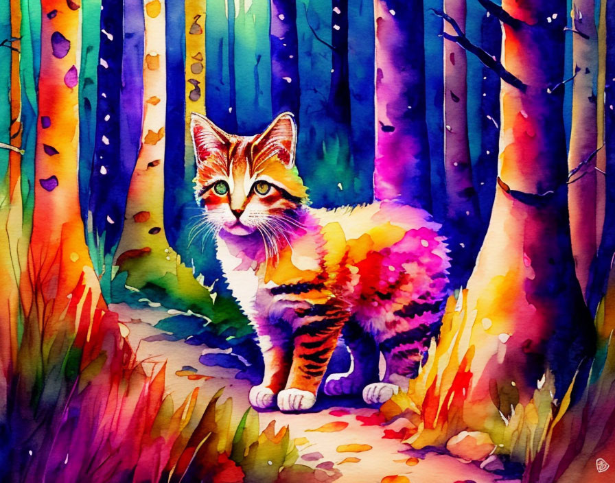 Colorful Watercolor Painting of Cat in Forest