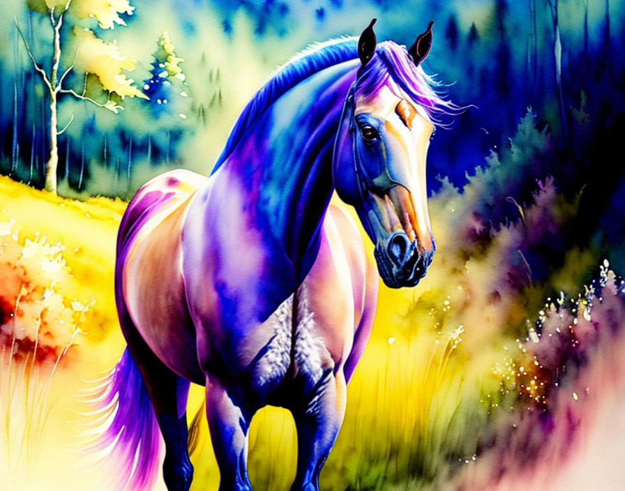 Majestic horse painting in purple hues amidst colorful landscape