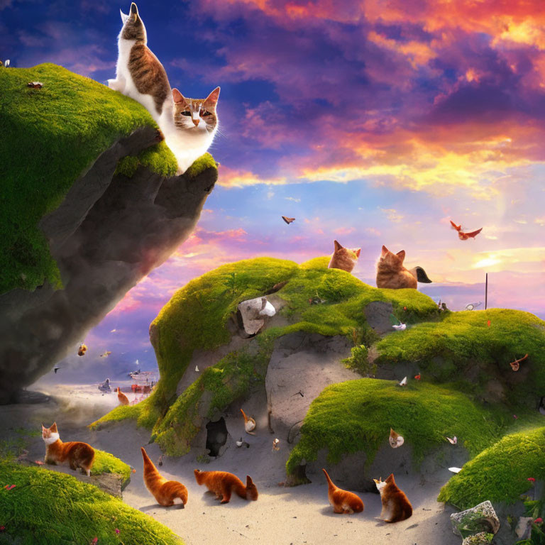 Fantastical sunset landscape with ginger and white cats on lush green hillocks